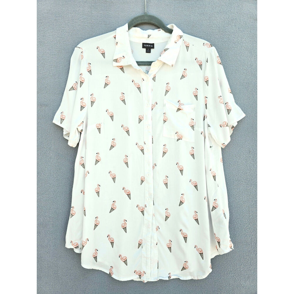 Torrid Flamingo Ice Cream Graphic Short Sleeve Button Front Shirt